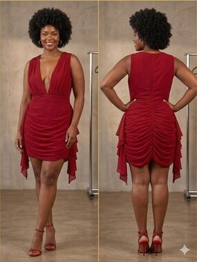 Red Sleeveless V-Neck Mini Dress with Draped Side Panels